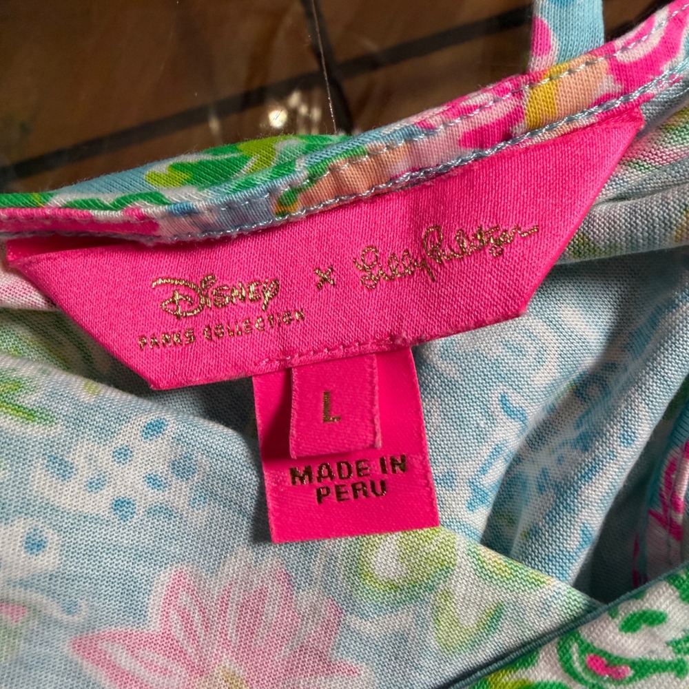Disney Lilly Pulitzer Dress Womens Large Blue Floral Mickey Strappy Knit EUC - Picture 2 of 10